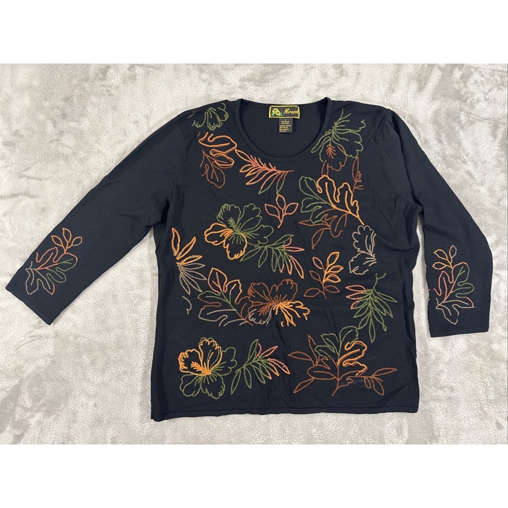 Mirasol Top Womens L Fall Floral Embroidered Whimsigoth HIppy Boho Stretch Black